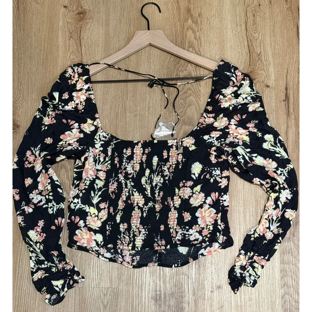 Free People Hilary Printed Top Black Combo Size Medium Crop Boho NWT $98